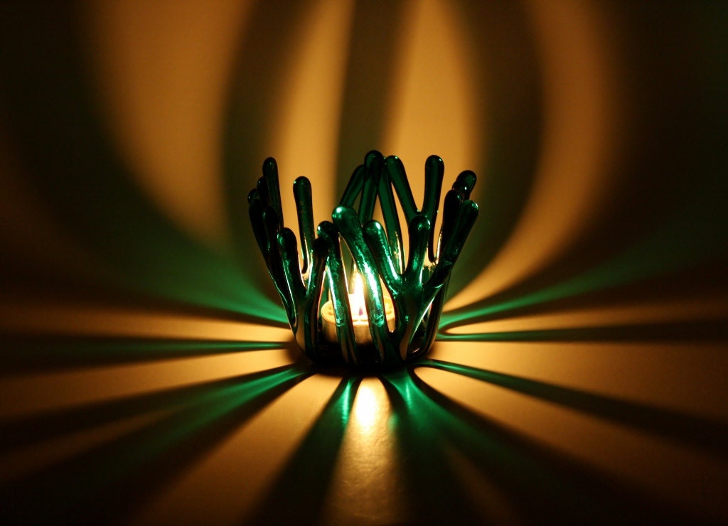 Glass Candle Holder Green Fused Glass