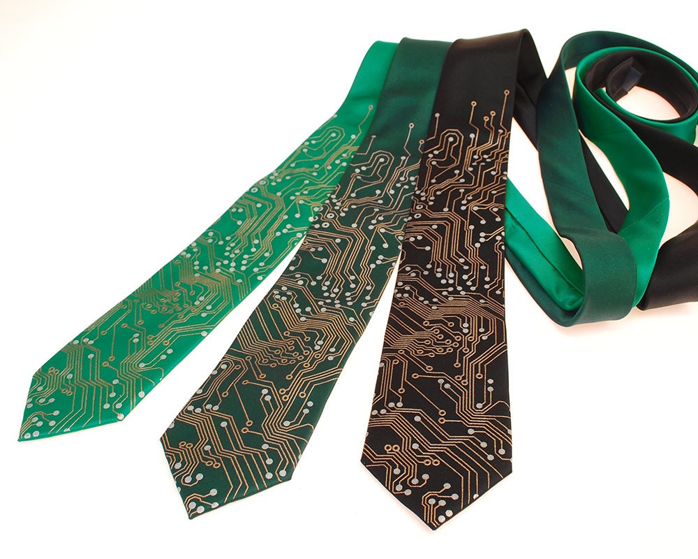 Circuit Board Necktie - Metallic Copper and Silver Ink on Green or Black Tie