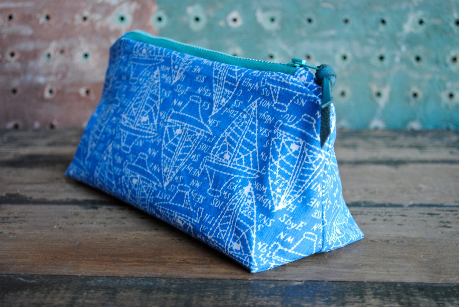 Sailboat Blueprints Vintage Fabric w/ Vintage Leather Zipper Pull / Zip Pouch Clutch