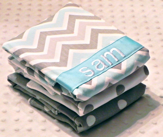 Personalized Burp Cloths - Baby Boy Gray and Light Blue Chevron and Polka Dots