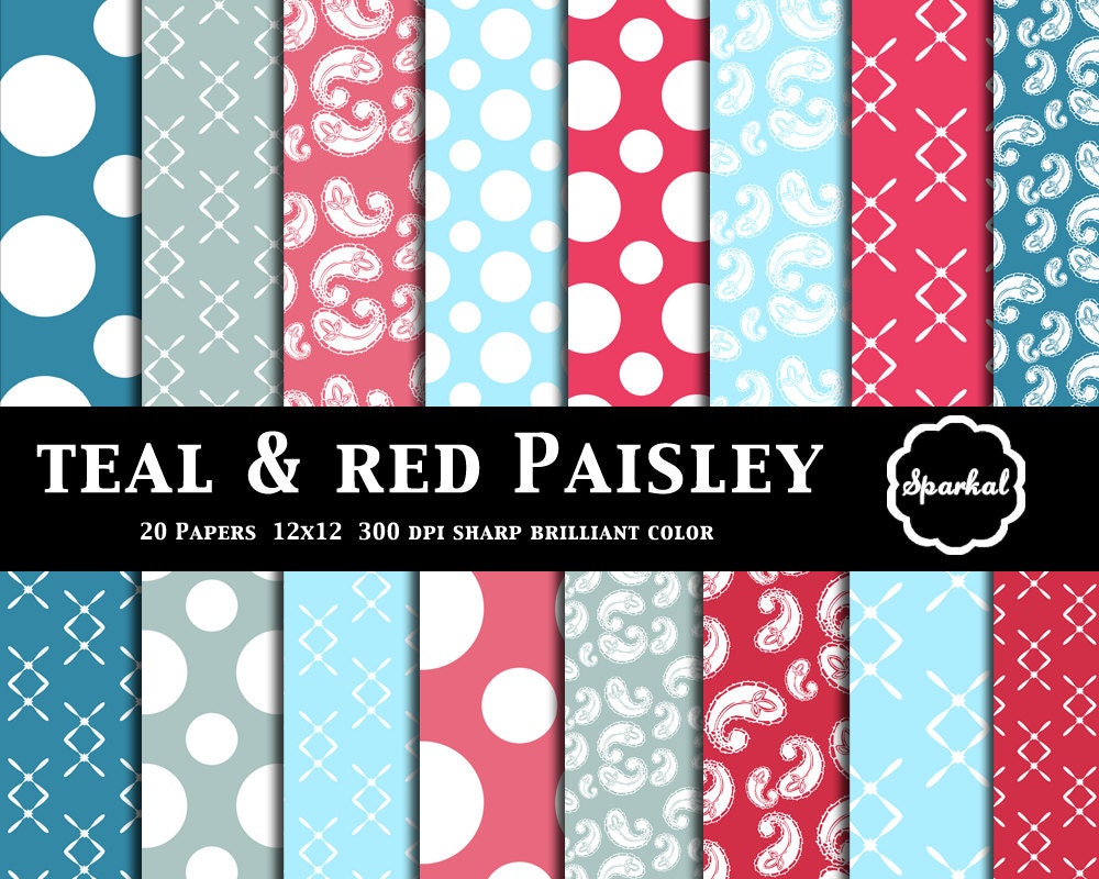 Teal Paisley Paper, Preppy Teal Blue Digital Paper, Polka Dot Digital Paper, Invitation paper Printable paisley paper, Instant Download Il_570xn