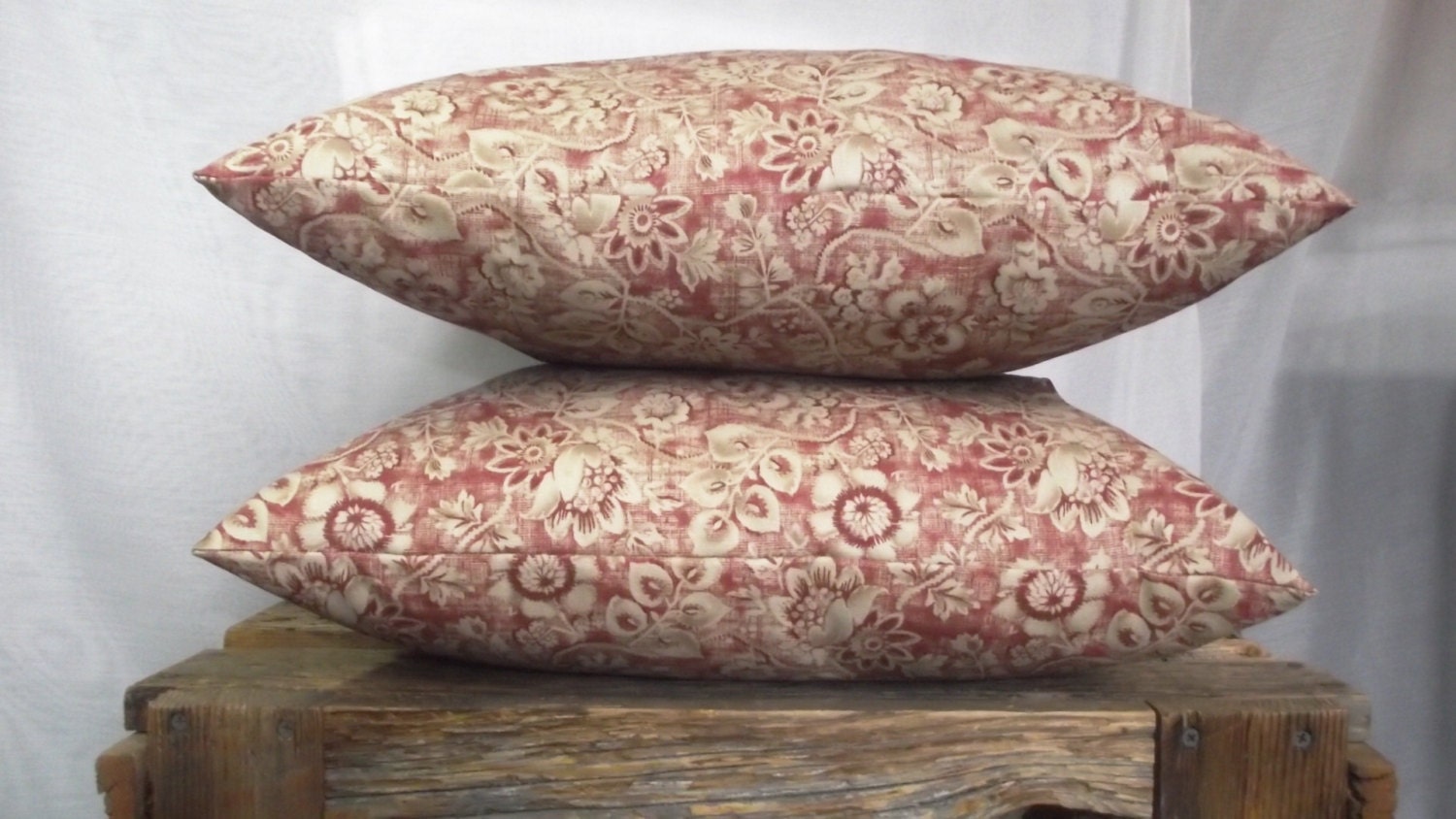 Pillow Cover 20x20 Braemore Miss Kitty Brick Fabric. Brick, Khaki, Tan Wood Button Accent