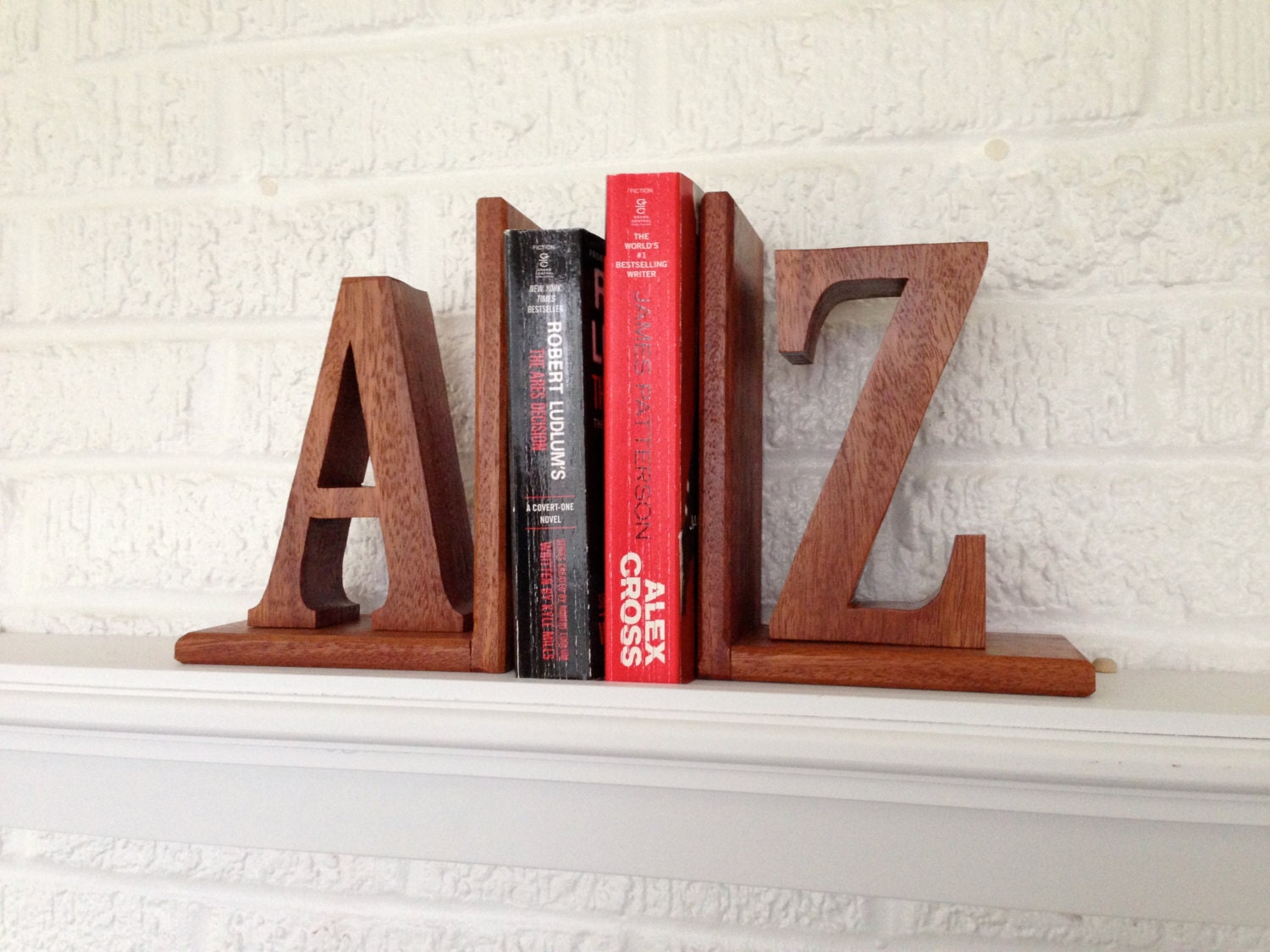 Classic Look Natural Wood A to Z  Bookends - Great Home or Office Decor -  Deep Chunky Letters