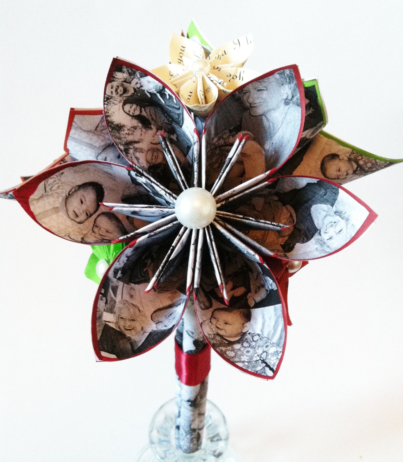Memory Bouquet- paper flowers, origami, use your photos, baby annoucement, bridal annoucement, anniversary gift