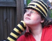 Cotton Hat and fingerless gloves, black and yellow stripe, bee hat and gloves