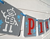 PLAY Robot Banner, Boys Bedroom Banner, playroom banner, baby photo prop, child's photo prop, red gray, stars, robots
