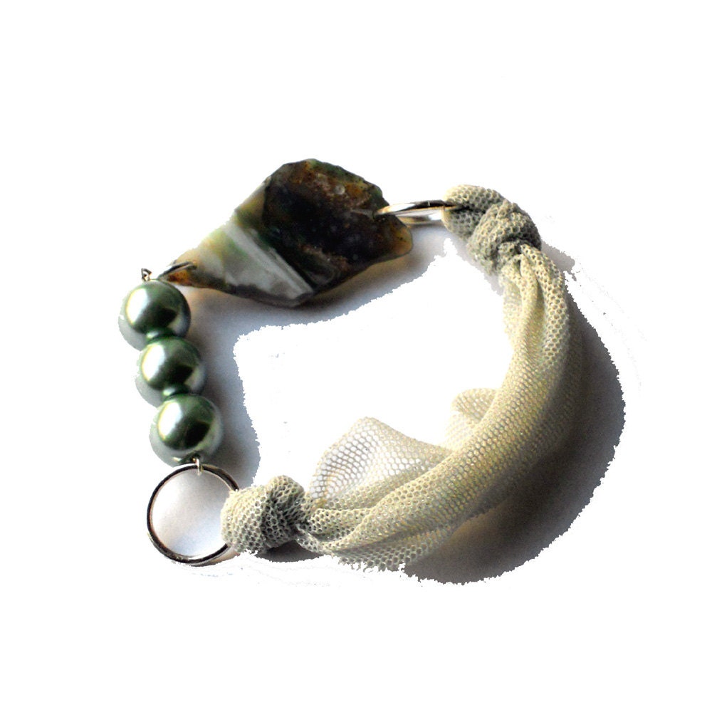 Fabric bracelet  White bangle with green beads beads and agate for her - one of a kind - OOAK