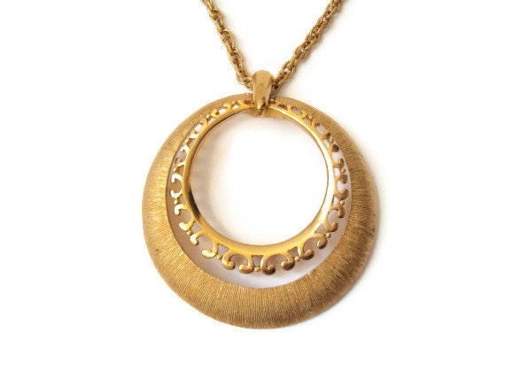 Vintage Trifari Necklace, Mid Century Costume Jewelry, Long Gold Tone Necklace with Jointed Pendant