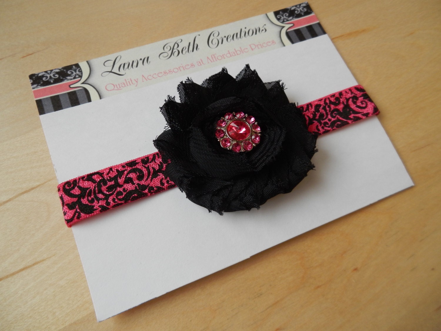Hot Pink Damask/Black Shabby Chic Rose Headband - Infant Headband - Newborn Headband - Children's Headband