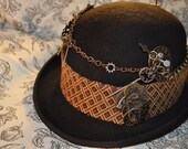 Men's Steampunk Hat- ---One Of a Kind---Ready to Ship--Upcycled--Black Derby (Bowler)--Size Large--fits 22 5/8"-23" head