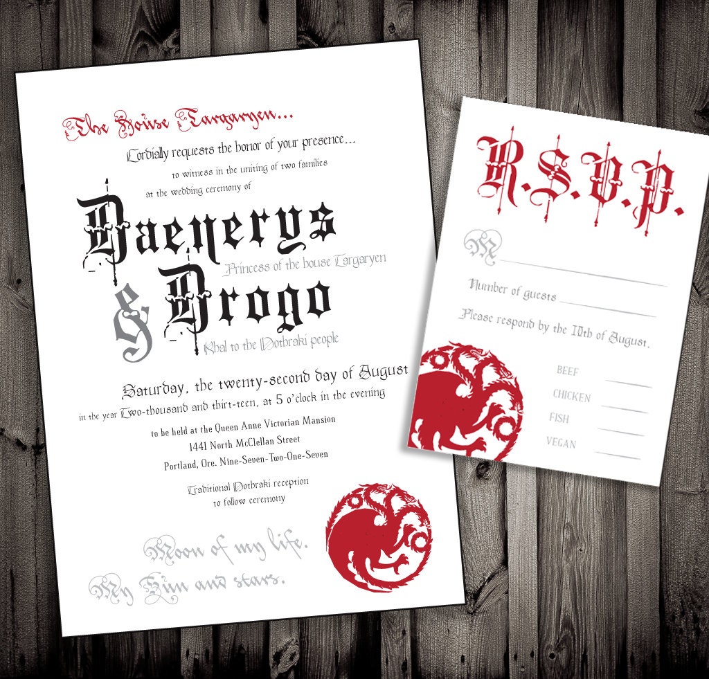 Targaryen Daenerys Drogo Khal Khaleesi Game of Thrones Wedding Invitations