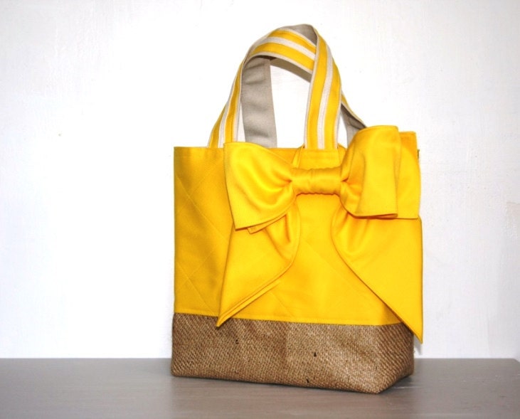Butterscotch Summer Tote Buttercup Beach Bow Bag Sunflower Yellow Canvas Burlap Purse