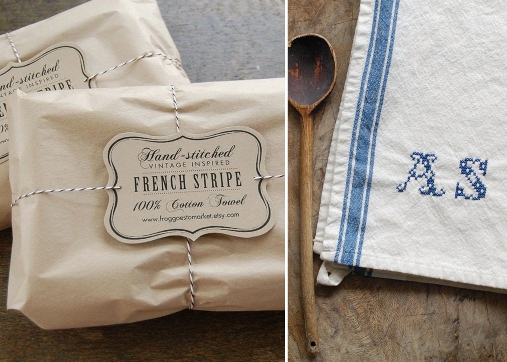 Set of 2 - Monogrammed French Blue Stripe Kitchen Towel with Personalized Hand Stitched Initials - BLUE