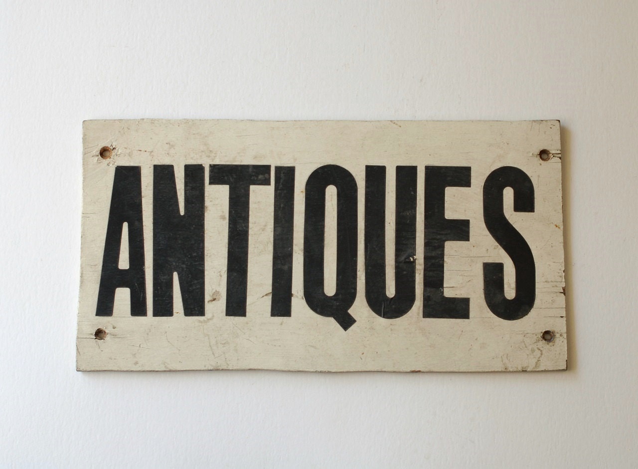 Vintage Wood "Antiques" Sign - Black and White