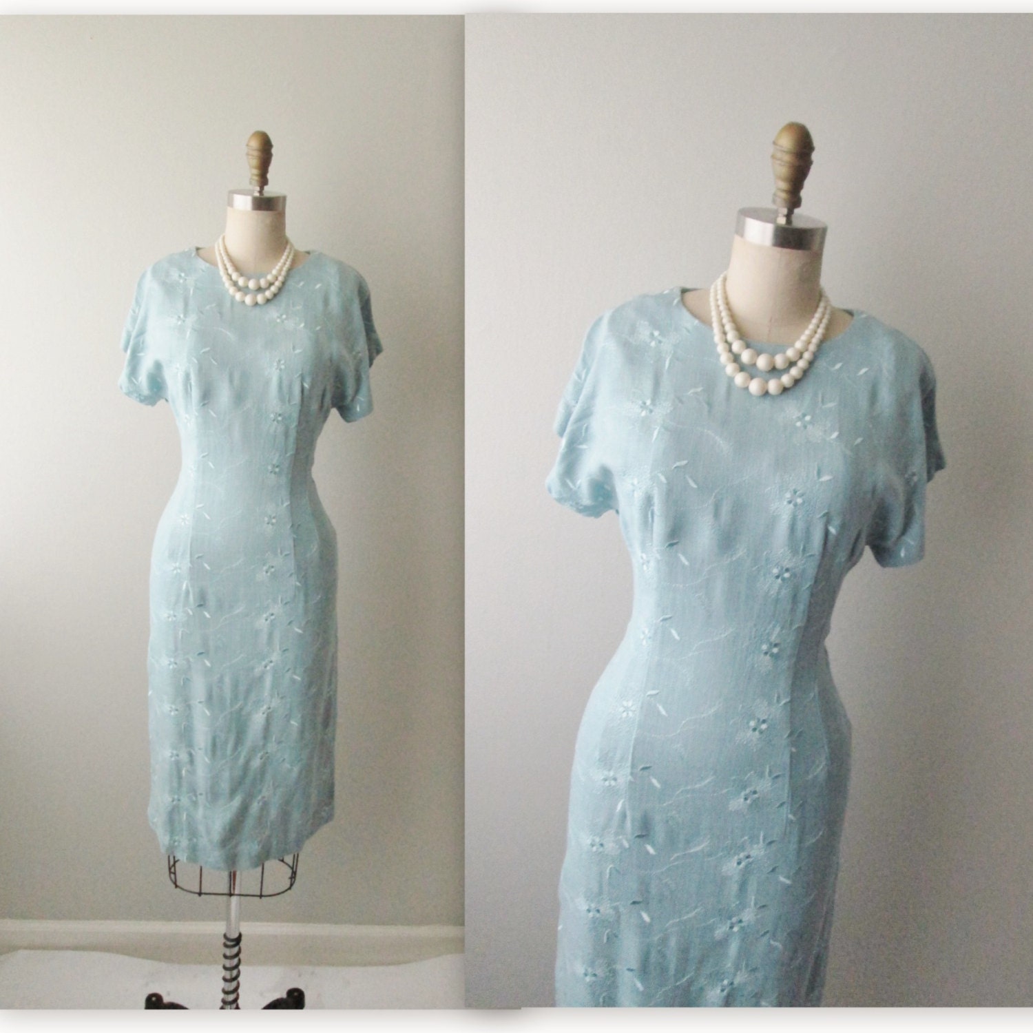 50's Dress // Vintage 1950's Embroidered Linen Fitted Garden Party Wiggle Dress M