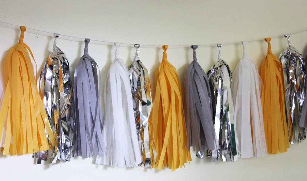 Tissue Tassel Garland-18 tassels- Classic Gray and Yellow