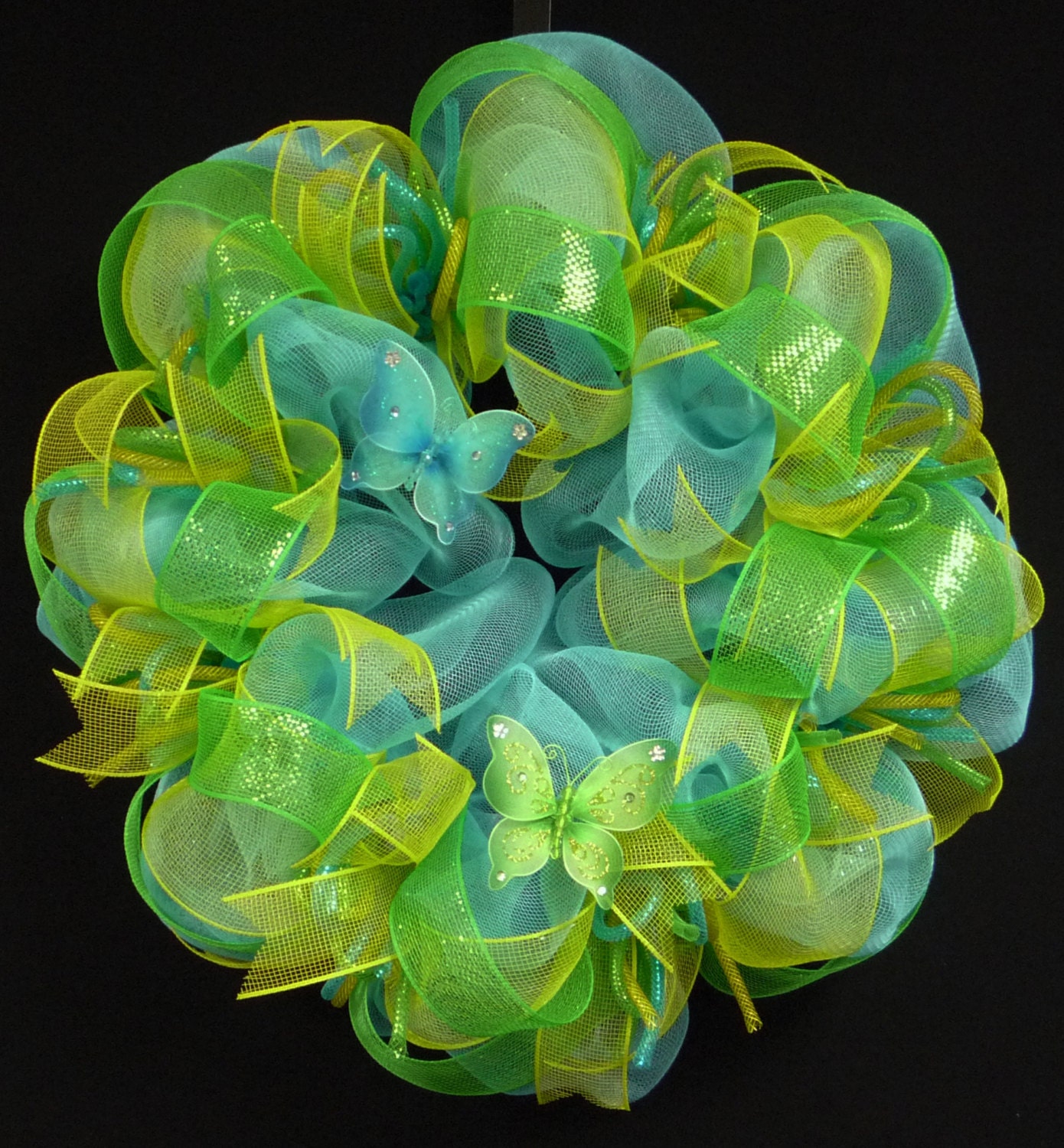 Spring Wreaths, Summer Wreaths,  Turquoise Lime Green Yellow, Wreaths for Doors, Poly Mesh Wreaths - Item 725