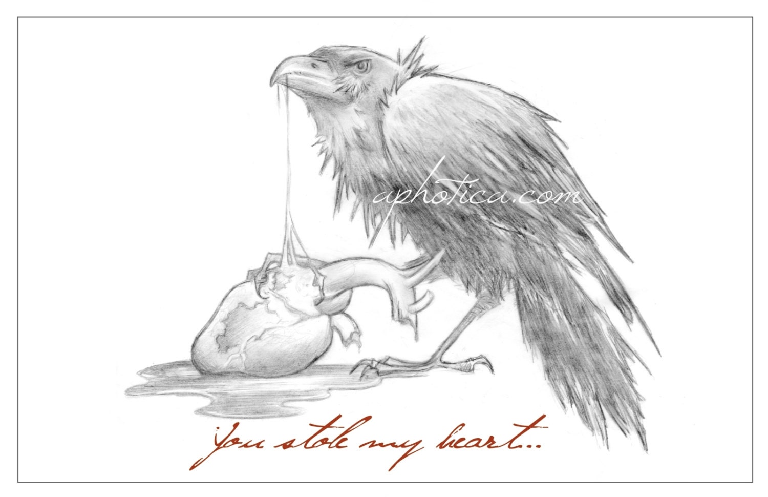 raven eating anatomical heart valentine's day card print from original pencil drawing - aphotica