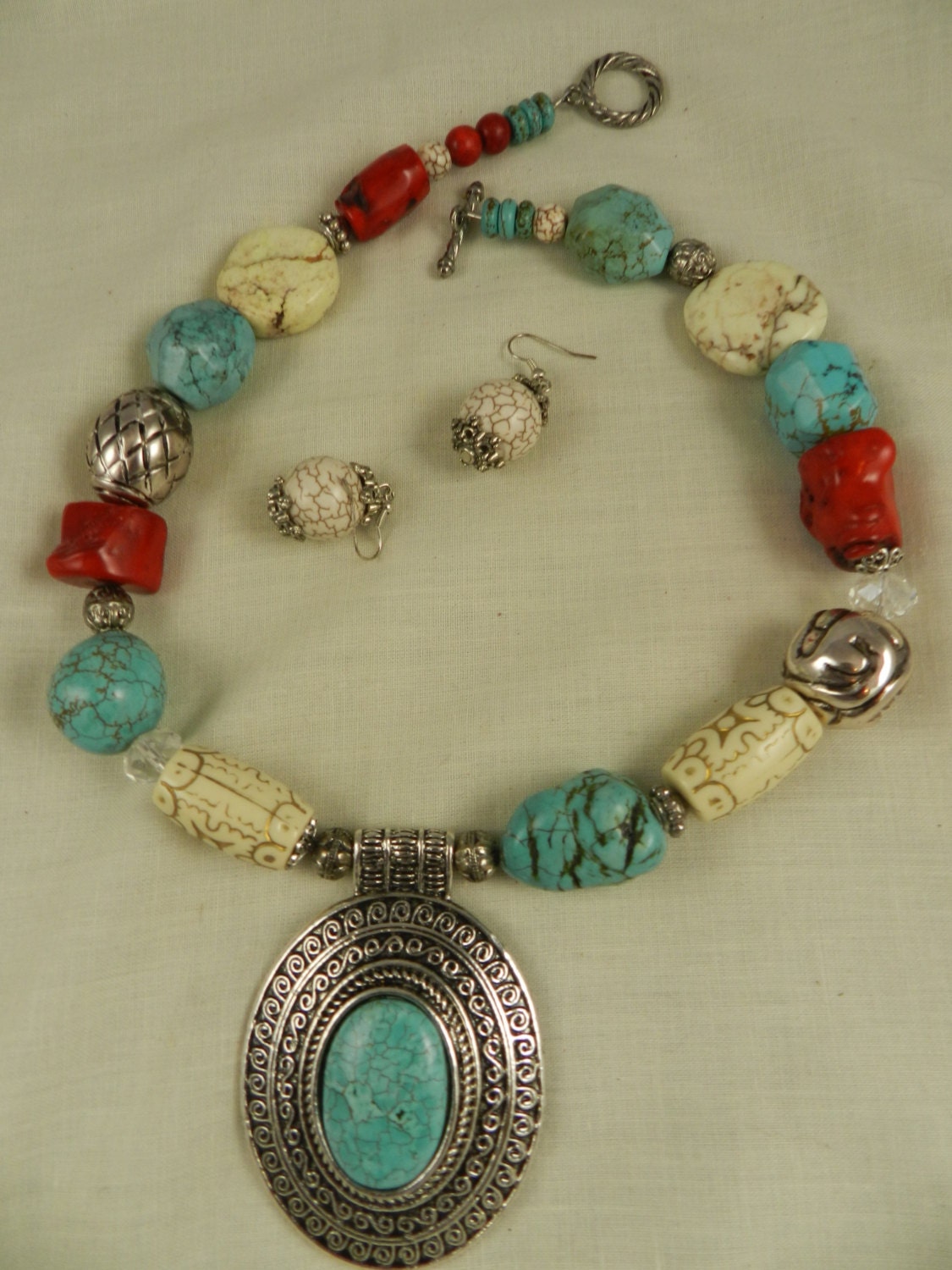 Chunky Turquoise  Red Coral Necklace Ornate Metal Pendant