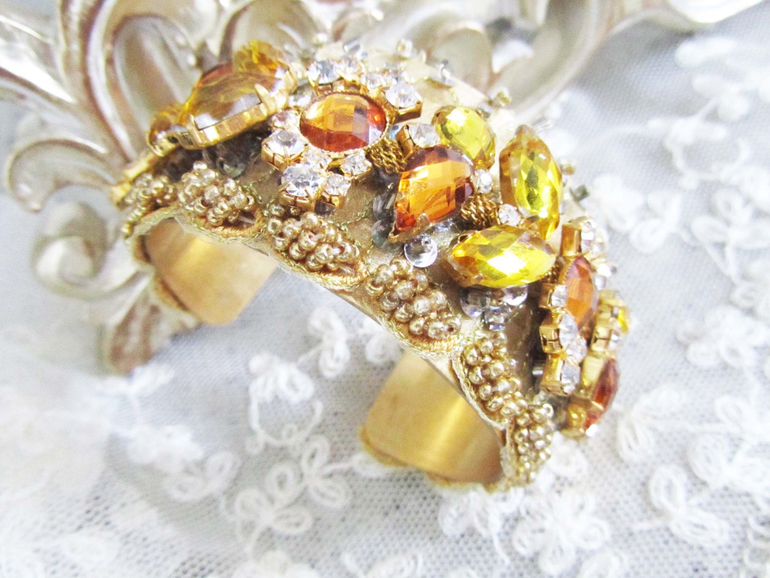 Couture Cuff, Statement Bridal Cuff, Yellow Topaz Rhinestone Cuff