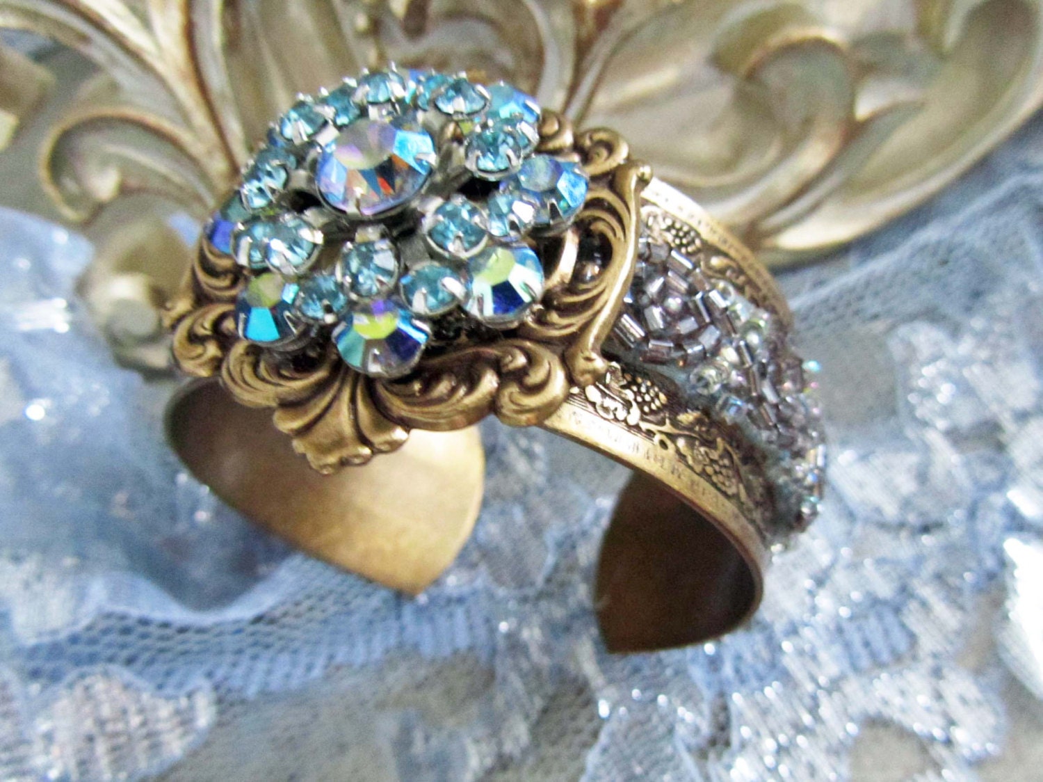 Bridal Cuff, Vintage Wedding Blue Rhinestone Cuff Bracelet