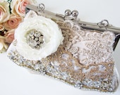 Rhinestone Bridal Clutch, Ivory Satin Wedding Clutch with Crystal Rhinestone Trim
