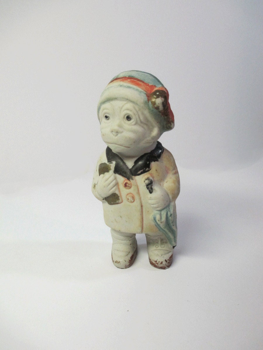 Vintage Bisque Dog Girl with Umbrella, Purse, Hat - Made in Japan - RARE