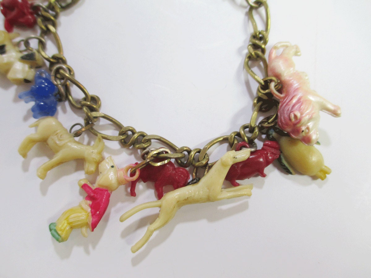Vintage Cracker Jack Charm Bracelet - Celluloid Charms - Dogs, Horses, Skier, Penguin, etc.