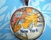 Vintage New York City Brooklyn Map Glass Pendant Necklace