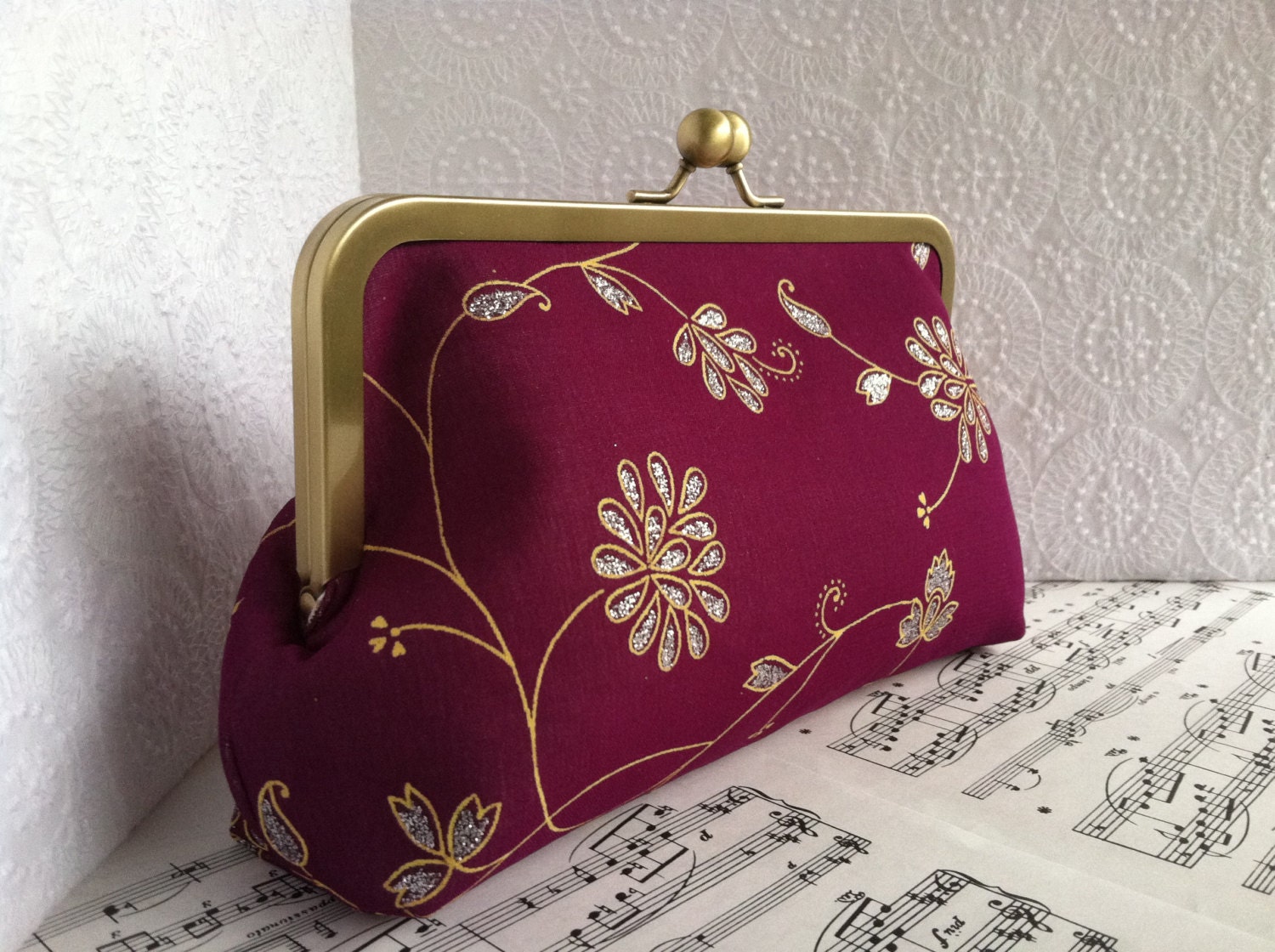 Violet and gold sari frame clutch. Magenta and floral clutch purse