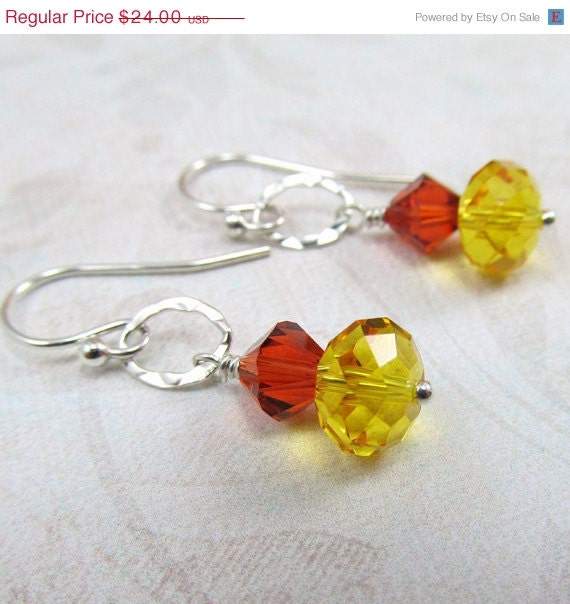 15% OFF Indian Red Sunflower Yellow Crystal Hammered Silver Earrings