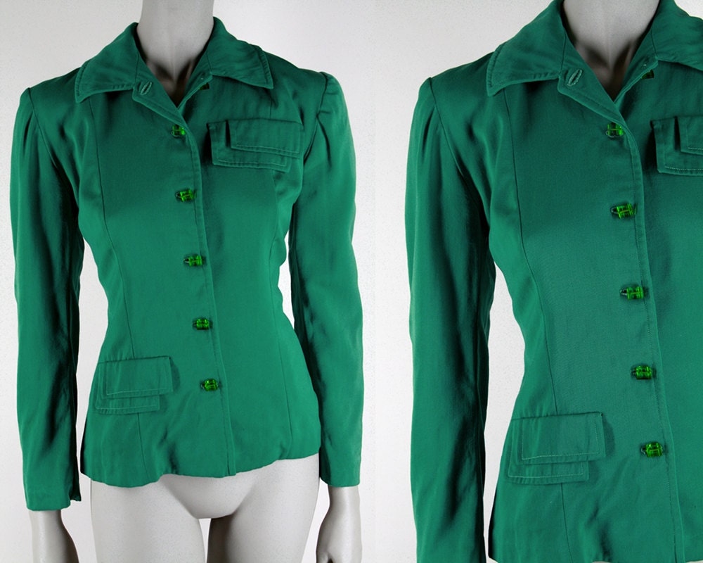 Vintage 1940s Blazer : 40s Green Tailored Gabardine Jacket with Lucite Buttons M