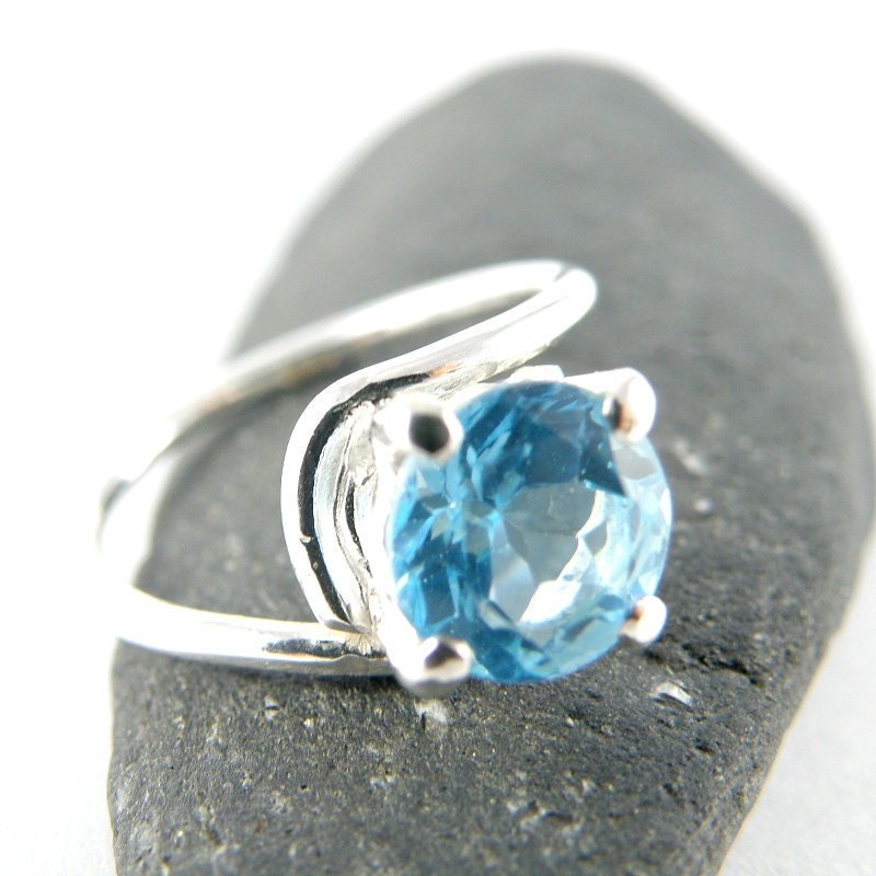 Engagement Ring, Blue Topaz Sterling Silver Ring, Asymmetric Ring, Faceted Blue Topaz Ring, Blue Gemstone Ring