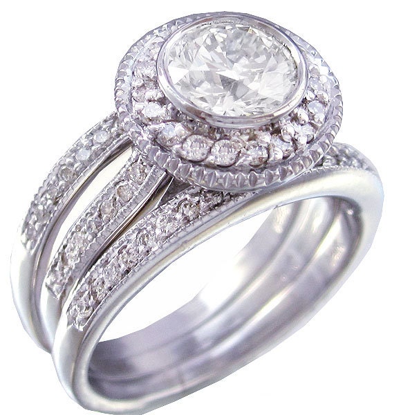 14k white gold round diamond engagement ring and bands bezel set 2.10ctw