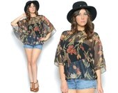 Boho Cape Blouse 70s Black Sheer Floral Angel Sleeve Top Festival 1970s Hippie / One Size