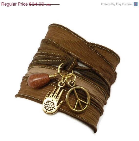 Wrap Bracelet with Hamsa and Peace Sign, yoga jewelry, silk wrap bracelet, silk wrap around,silk ribbon bracelet, yoga bracelet