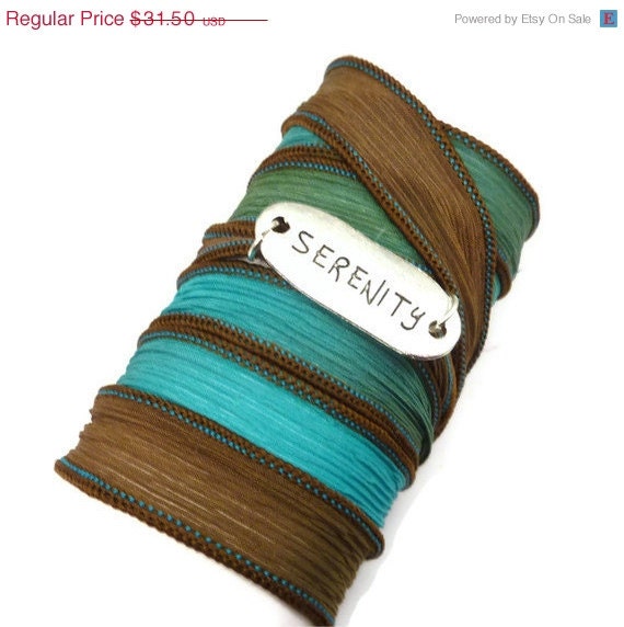 BIRTHDAY SALE Silk Wrap Bracelet with SERENITY connector,yoga jewelry,silk ribbon bracelet, yoga bracelet, boho chic, bohemian