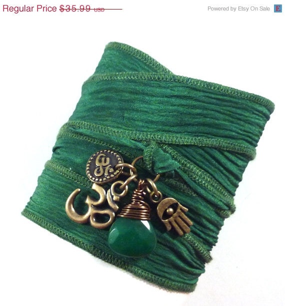 BIRTHDAY SALE Om Silk Wrap Bracelet with Hamsa and Emerald Jade, yoga jewelry, silk ribbon bracelet, yoga bracelet, silk ribbon wrap