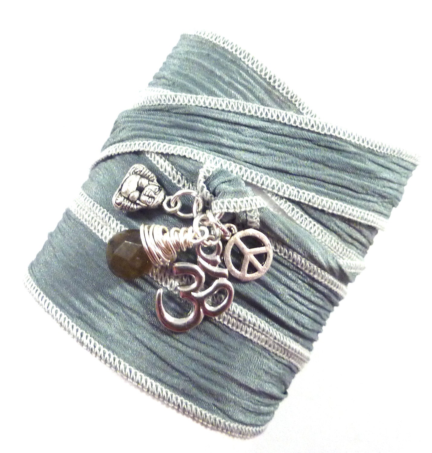 Silk Wrap Bracelet with Buddha, Om, and Peace Sign,yoga jewelry silk ribbon bracelet, wrap bracelet, yoga bracelet, silk ribbon wrap