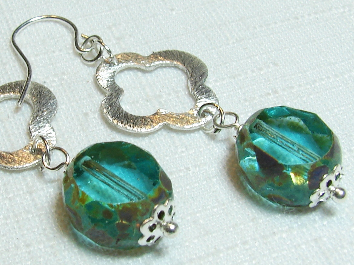 Brushed Sterling Silver and Aqua Teal Blue Glass Earrings