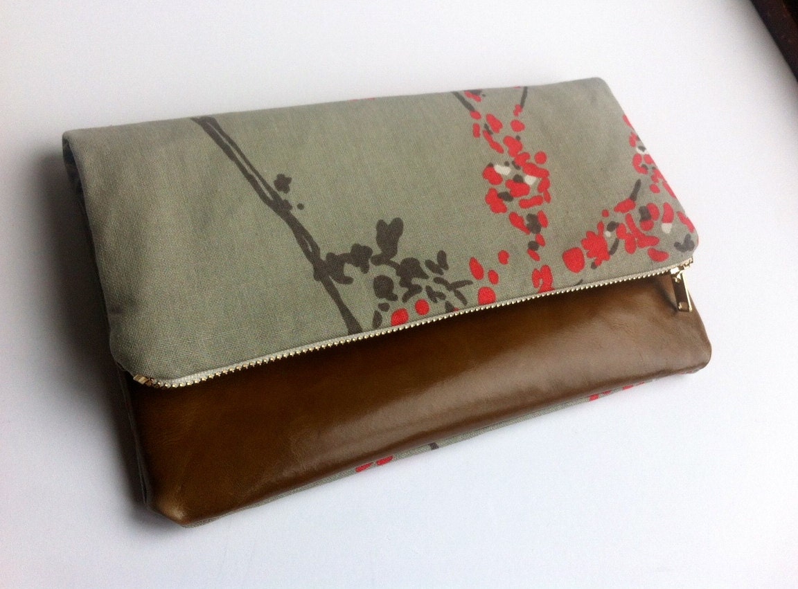 Multi style leather and abstract blossom print fabric clutch bag, small