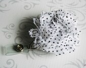 Shabby Chic Flower Retractable Badge / ID Holder Reel - White with Black Dots