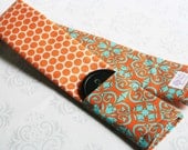 Reversible Camera Strap Cover with Lens Cap Pocket - Teal and Orange Graphic with Orange Dots- MADE TO ORDER