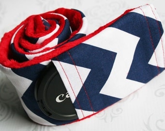 Camera Strap Cover with Lens Cap Pocket - Padded Minky - Navy Chevron with Red Minky- MADE TO ORDER