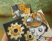 Steampunk Art ACEO Original acrylic paintings The future is now Artist Cards Boys and Gears Set of 2