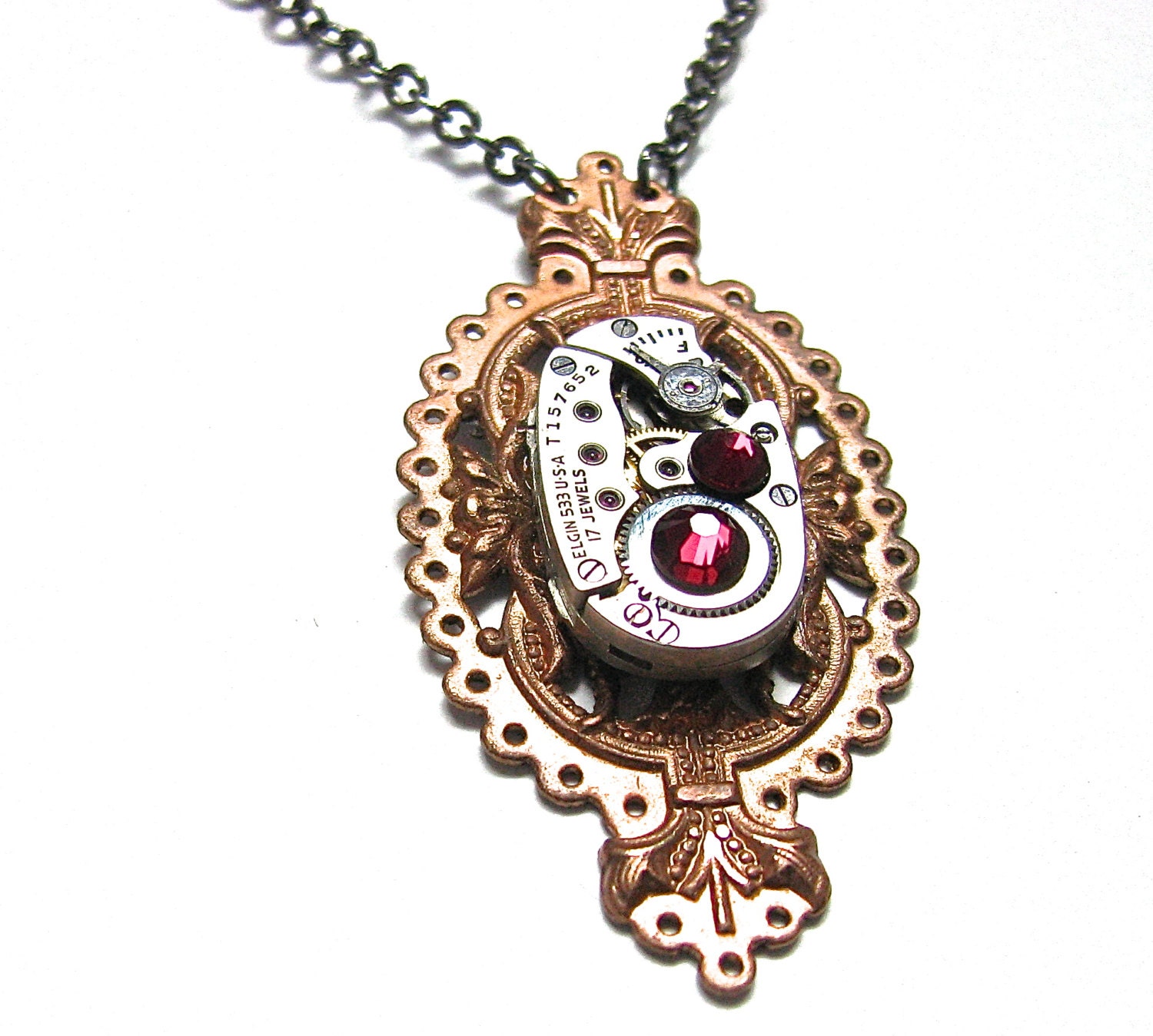 Steampunk Necklace Antiqued Copper Victorian Filigree Charm Finished with A GORGEOUS Jeweled Watch Movement -by Mechanique Steampunk