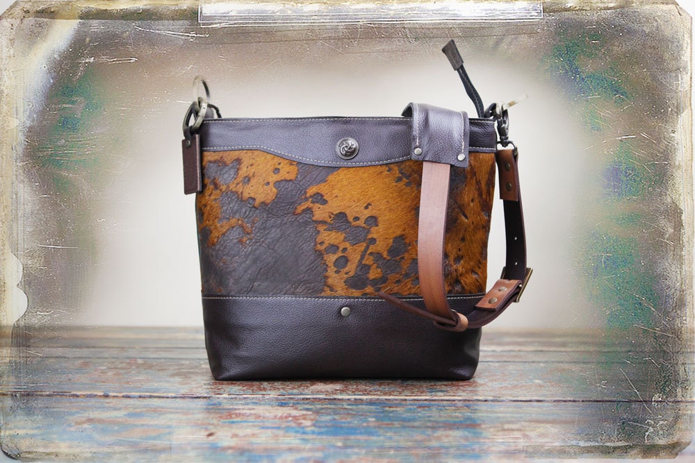 NEW Leather Camera bag - Acid Washed Cow Hair Convertible Handbag with Insert -  IN Stock