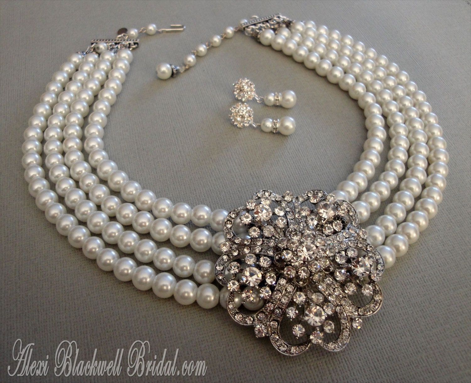 Breakfast at Tiffanys Statement Wedding Necklace Set with Rhinestone Brooch 4 multi strands of White Glass Pearls Bridal jewelry