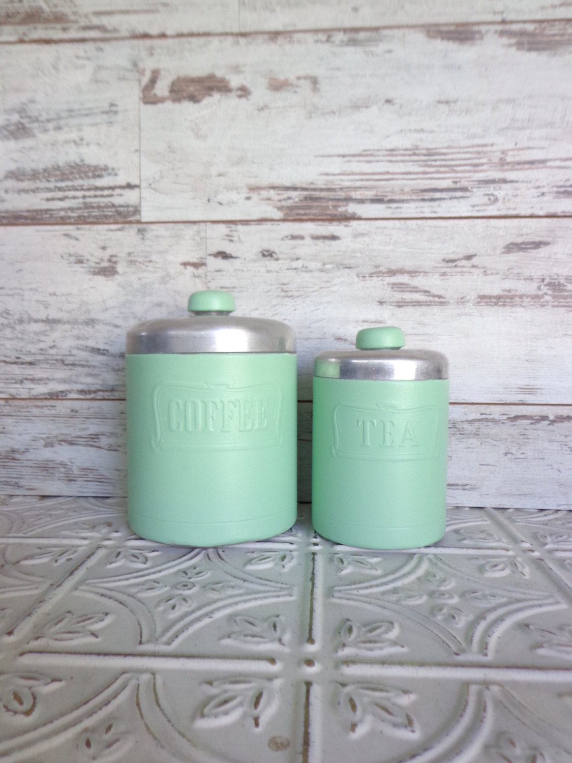 Vintage Metal Coffee & Tea Canister Set Hand Painted Jadeite Green Jadite Aluminum Heller Hostessware Italy