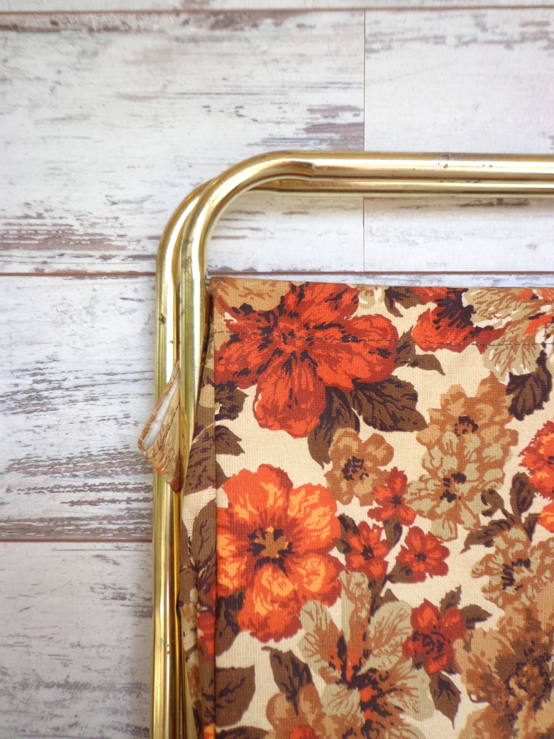 Vintage Sewing Basket / Magazine Rack Fabric & Metal Knitting, Crocheting Basket Folding Floral Orange, Brown 18.5 x 15